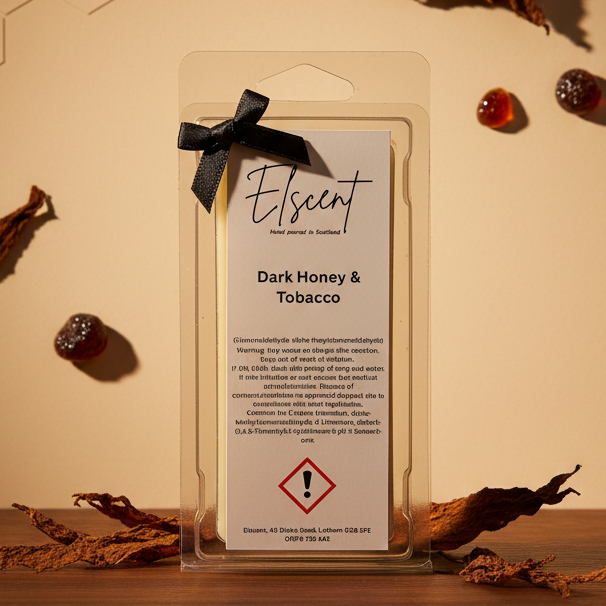 Sophisticated background for Elscent Dark Honey & Tobacco wax melt